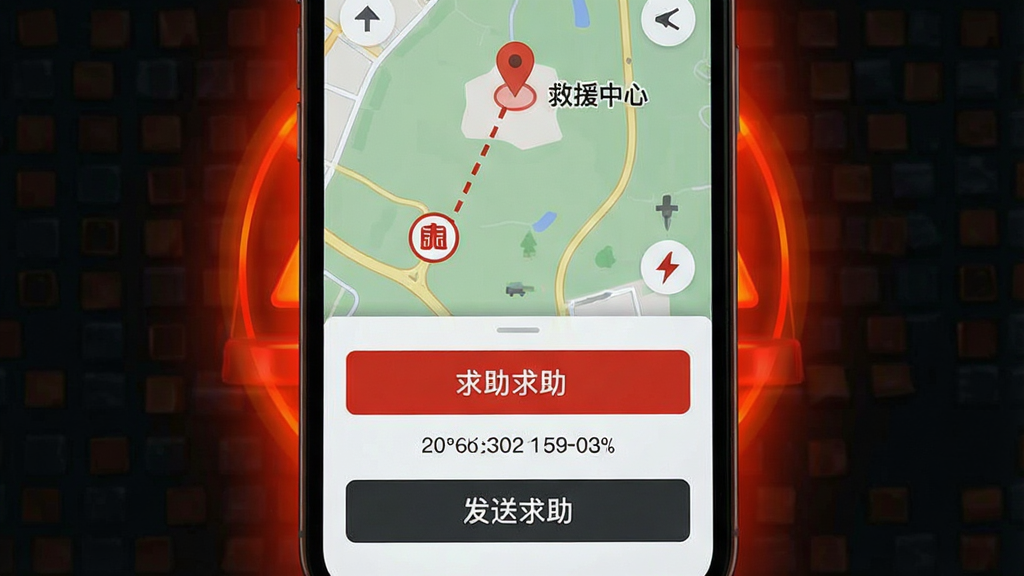 卫星信使应急求助界面展示,画面为手机屏幕内显示红色求助按钮与地图定位标记,地图上有一条从当前位置到救援中心的虚线路径,手机周围有警示光晕,背景为深色应急风格,布局为上方地图下方按钮,风格稳重,细节包含经纬度文字和“发送求助”按钮,画质高清,干净,无多余元素
