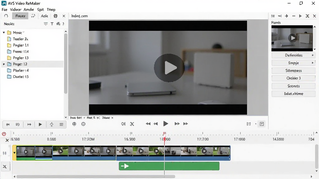 一张展示 AVS Video ReMaker 软件界面的图片,主体是软件主编辑窗口,布局为中央大尺寸视频预览区,下方是带时间轴和片段缩略图的剪辑轨道,左侧有文件列表,右侧有编辑工具按钮,排版整洁清晰,风格为现代软件界面截图,细节包括清晰的菜单栏、播放控制按钮和剪切标记,画质高清,干净,无多余元素。