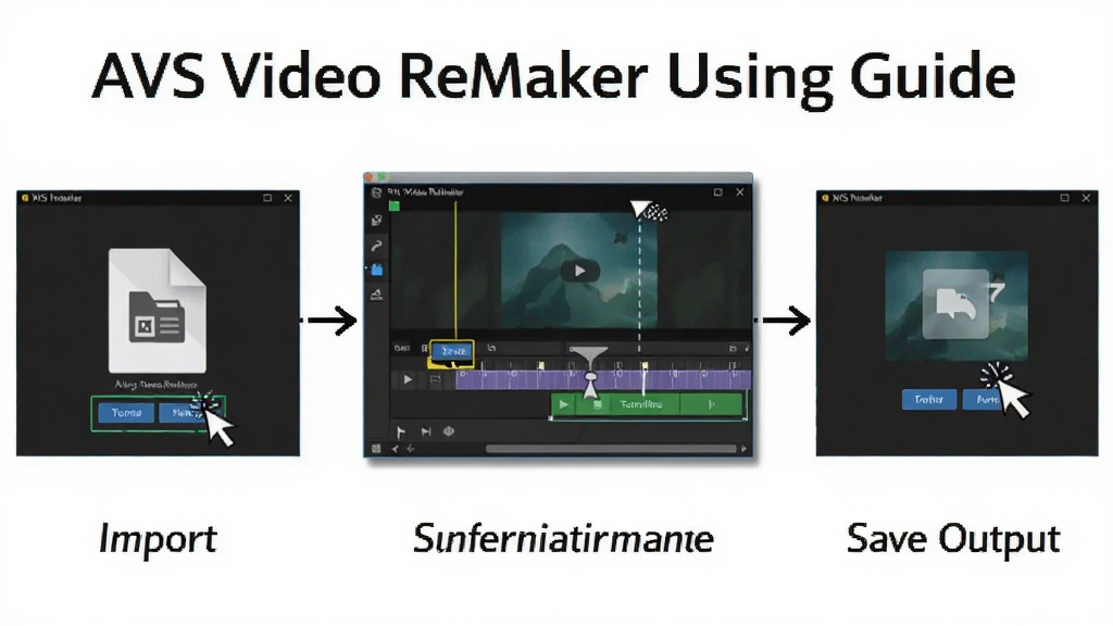 一张展示 AVS Video ReMaker 使用指南的图片,主体是软件操作步骤示意图,布局为分步截图,第一步导入文件,第二步时间轴标记,第三步保存输出,排版为横向流程图,风格为教程图解,细节包括鼠标点击位置和按钮高亮,画质高清,干净,无多余元素。
