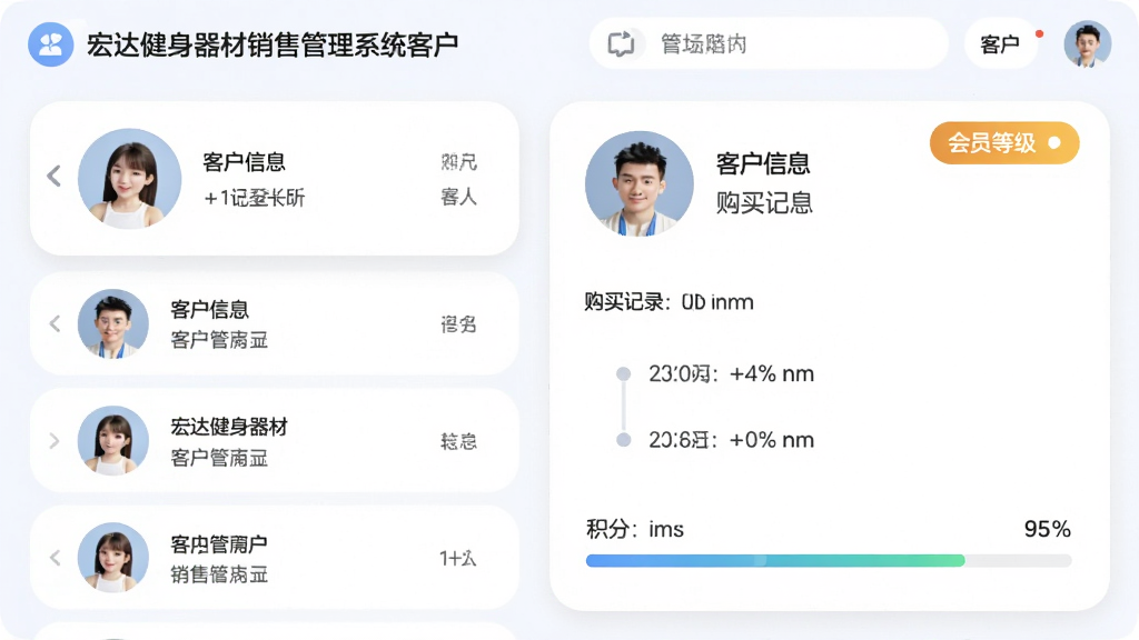 宏达健身器材销售管理系统客户管理界面,主体为客户信息卡片和会员等级标签,布局为左侧客户列表和右侧详情面板,排版清晰,风格为柔和圆角设计,细节包括客户头像、购买记录时间轴和积分进度条,画质高清,干净,无多余元素