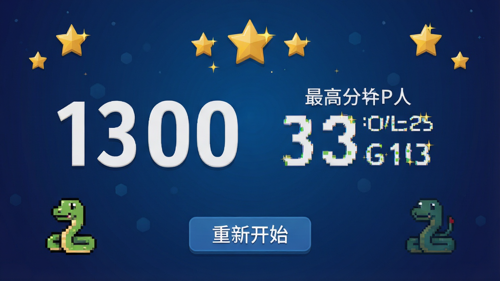 一幅游戏得分结算界面,主体是居中显示的大号数字分数与最高分记录,背景为深蓝色渐变,画面布局简洁对称,风格为现代扁平化UI,细节包括金色星星装饰、像素蛇图标、重新开始按钮,画质清晰,干净,无多余元素