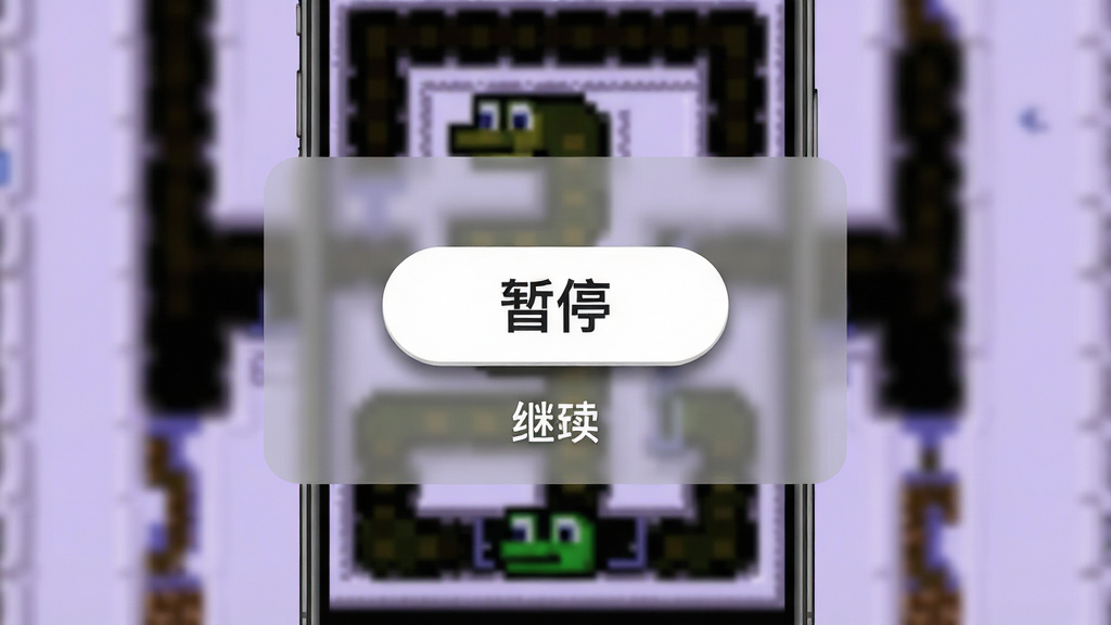一幅手机屏幕显示经典贪吃蛇游戏暂停界面,主体是半透明遮罩层上的“暂停”按钮与继续游戏选项,背景为游戏画面虚化,画面布局居中,风格为现代扁平化UI,细节包括按钮圆角、阴影、像素蛇静止在画面中,画质清晰,干净,无多余元素