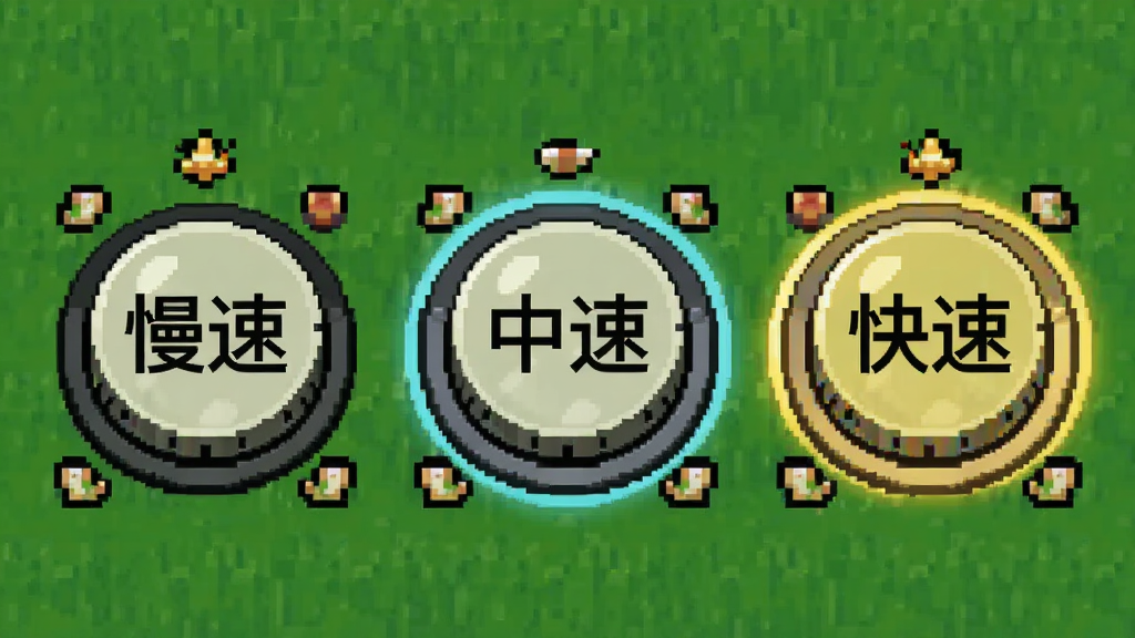 一幅难度选择界面,主体是三个并排的圆形按钮分别标注“慢速”“中速”“快速”,背景为像素草地纹理,画面布局横向排列,风格为复古游戏菜单,细节包括按钮的立体按压效果、周围像素装饰、选中状态高亮,画质清晰,干净,无多余元素