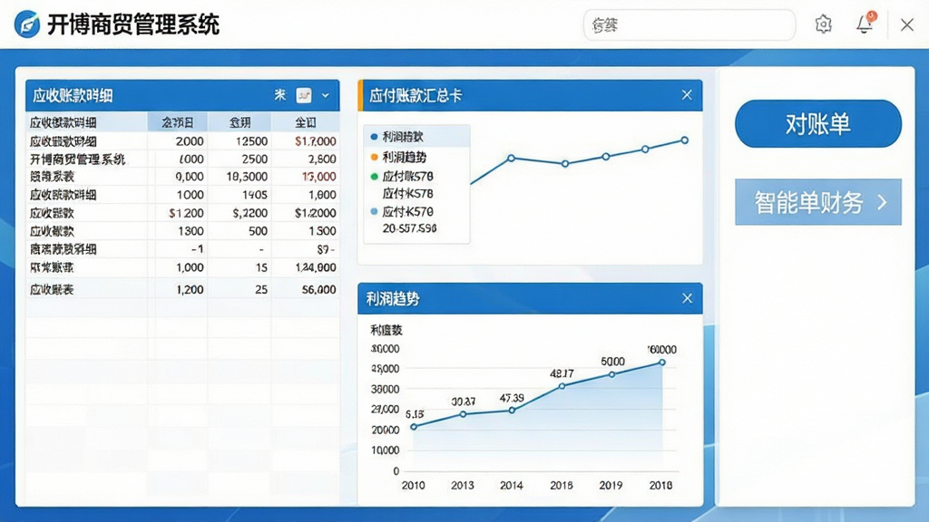 开博商贸管理系统财务管理模块界面,画面展示应收账款明细表、应付账款汇总卡片、利润趋势折线图,配色以蓝色和白色为主,界面右侧有对账单导出按钮,文字标注“开博商贸管理系统”和“智能财务”,高清画质,干净无多余元素