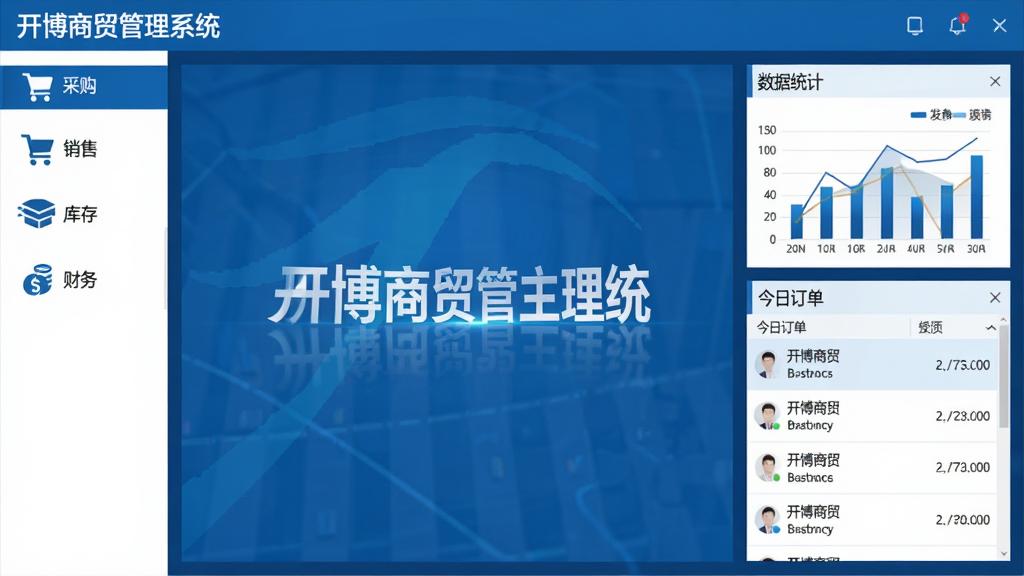 开博商贸管理系统软件主界面全貌展示,画面中央为软件仪表盘,左侧为功能导航栏包含采购、销售、库存、财务等模块图标,右侧为数据统计图表和今日订单列表,整体采用蓝色商务风格,界面布局整洁,文字清晰标注“开博商贸管理系统”,高清画质,干净无多余元素