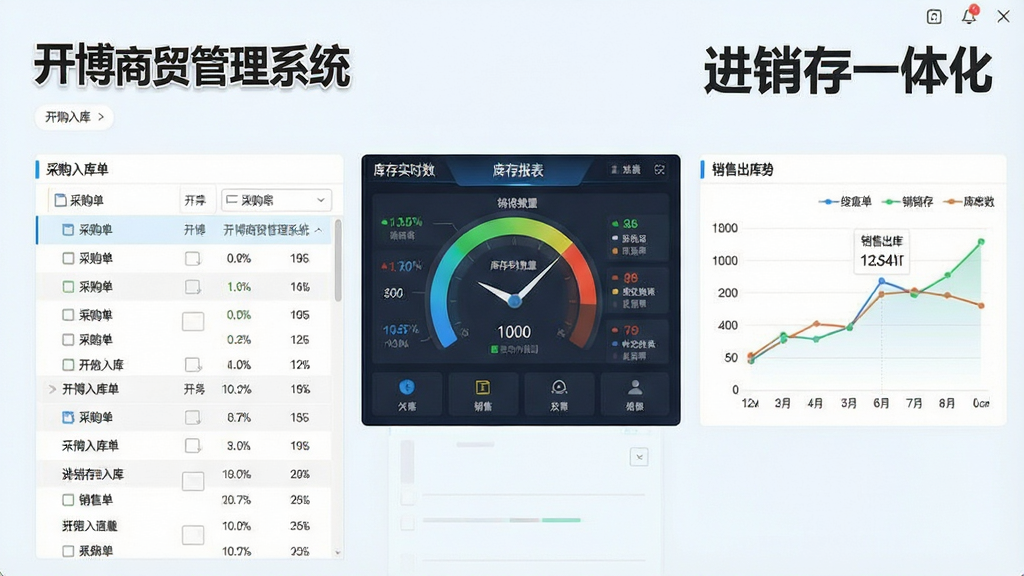 开博商贸管理系统进销存管理功能界面截图风格,画面展示采购单、销售单、库存报表三者数据联动,左侧为采购入库单列表,中间为库存实时数量仪表盘,右侧为销售出库趋势图,界面采用清爽浅色主题,文字标注“开博商贸管理系统”和“进销存一体化”,高清画质,干净无多余元素