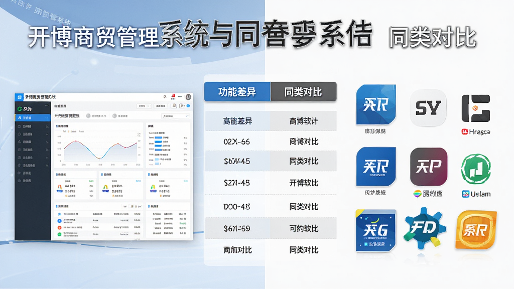 开博商贸管理系统与同类软件功能对比示意图,画面左侧为开博商贸管理系统界面截图,右侧为多个同类软件图标排列,中间用对比表格展示功能差异,整体风格简洁专业,文字标注“开博商贸管理系统”和“同类对比”,高清画质,干净无多余元素