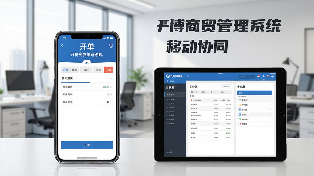 开博商贸管理系统移动端应用界面展示,画面左侧为手机屏幕显示开单界面,右侧为平板屏幕显示库存查询和审批页面,背景为办公室场景,整体风格现代商务,文字标注“开博商贸管理系统”和“移动协同”,高清画质,干净无多余元素