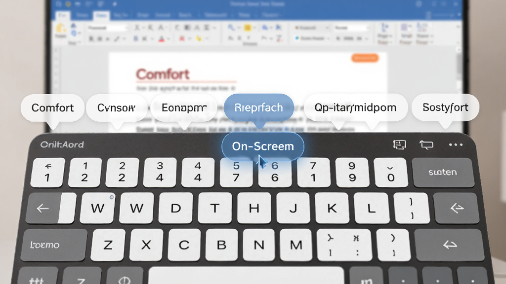 一张展示Comfort On-Screen Keyboard智能联想功能的特写图,画面中虚拟键盘上方浮现出一排候选词语气泡,光标正停留在其中一个词语上,背景是模糊的文档编辑界面,整体风格为现代办公场景,配色柔和,画质细腻,无多余装饰