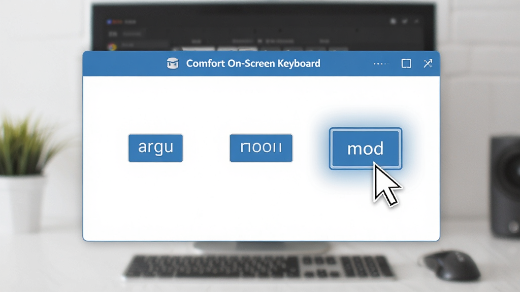 一张展示Comfort On-Screen Keyboard多模式输入切换界面的场景图,画面中软件窗口内显示三种输入模式图标并列排列,鼠标光标正悬停在悬停模式按钮上,旁边有淡淡的高亮提示效果,整体风格为扁平化设计,配色以蓝白为主,画面干净整洁,画质清晰