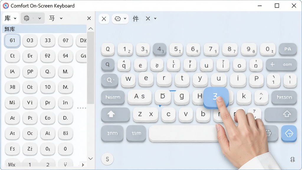 一张展示Comfort On-Screen Keyboard自定义键盘布局编辑界面的图片,画面中软件窗口分为左右两栏,左侧是按键库列表,右侧是当前键盘布局预览,用户正在拖拽一个数字按键到键盘面板上,界面风格为清爽的浅色主题,细节上按键带有圆角与柔和阴影,画质清晰,无杂乱元素