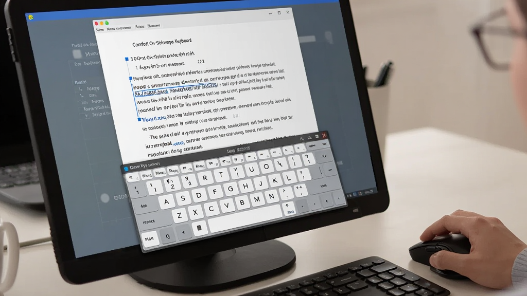 一张展示用户正在使用Comfort On-Screen Keyboard进行文字输入的实操场景图,画面中用户的手正握着鼠标点击屏幕上的虚拟按键,屏幕上显示着一篇正在编辑的文档,键盘窗口位于文档下方,整体风格为真实办公环境,光线柔和,画质清晰,无多余杂物