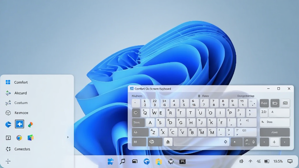 一张展示Comfort On-Screen Keyboard在Windows 11系统下运行的桌面截图,画面中虚拟键盘悬浮在桌面右下角,旁边是开始菜单与任务栏,整体风格为Windows 11原生界面,细节上键盘窗口带有亚克力半透明效果,画质清晰,无多余图标