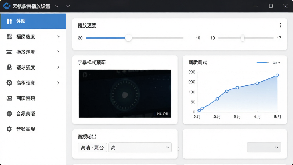 云帆影音播放设置界面展示图,主体为软件设置面板,布局为左侧分类菜单、右侧详细参数调节区,排版采用卡片式分组设计,风格为简洁工具风,细节包括播放速度滑块、字幕样式预览框、画质调节曲线图、音频输出下拉菜单,画质为高清,画面干净无多余元素