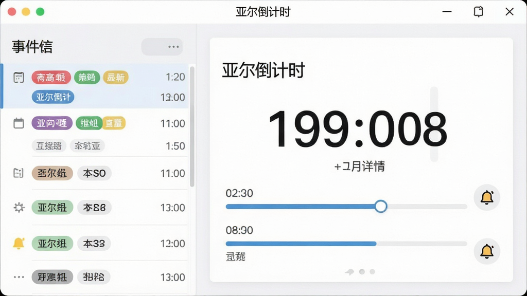 软件名称“亚尔倒计时”,主体为软件的多事件管理界面,布局为左侧事件列表、右侧倒计时详情展示,排版为分栏式设计,风格为清爽浅色商务风,细节包含多个彩色标签、时间进度条、提醒铃铛图标,画质高清,干净,无多余元素