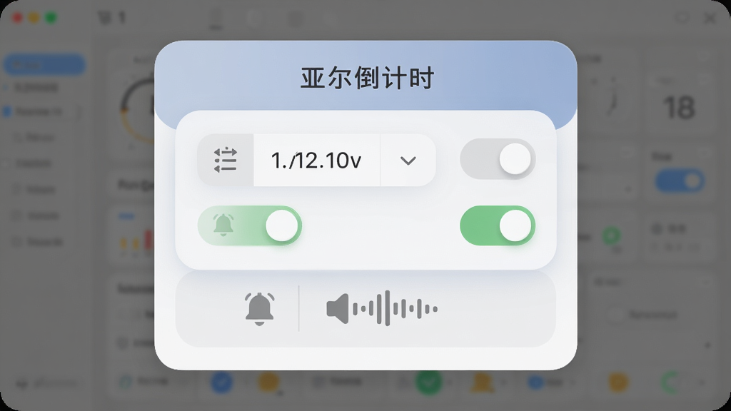 软件名称“亚尔倒计时”,主体为提醒规则设置面板,布局为居中弹窗式设置界面,排版为上下结构,风格为柔和圆角卡片设计,细节包含时间选择器、开关按钮、铃铛图标、声音波形图标,画质高清,干净,无多余元素