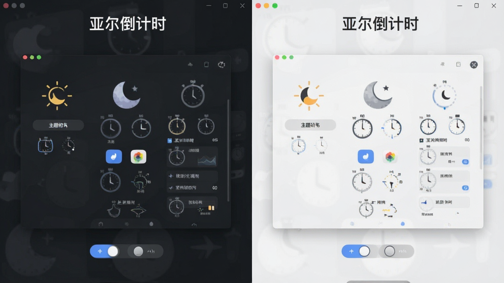 软件名称“亚尔倒计时”,主体为软件主界面的深色与浅色主题对比展示,布局为左右并排两个界面截图,排版为对称式对比布局,风格为现代扁平化设计,细节包含主题切换按钮、太阳月亮图标、界面元素对比,画质高清,干净,无多余元素