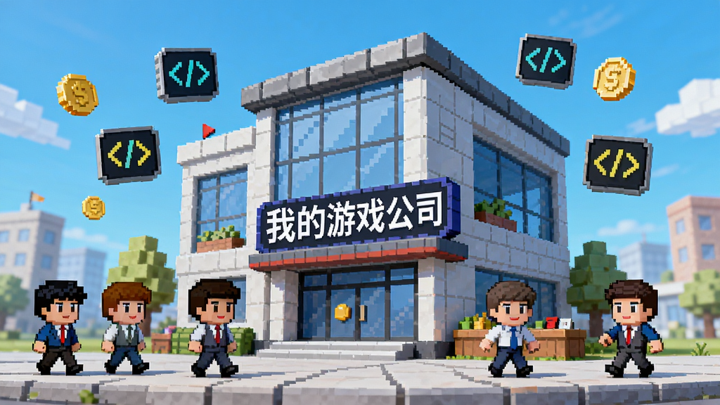我的游戏公司游戏主界面全景展示,画面中央是一栋现代化的游戏公司大楼,楼前有员工角色走动,大楼外墙上挂着“我的游戏公司”招牌,周围有金币和代码图标漂浮,整体采用卡通像素风格,色彩明亮活泼,布局为横向宽幅构图,画质清晰干净,无多余元素