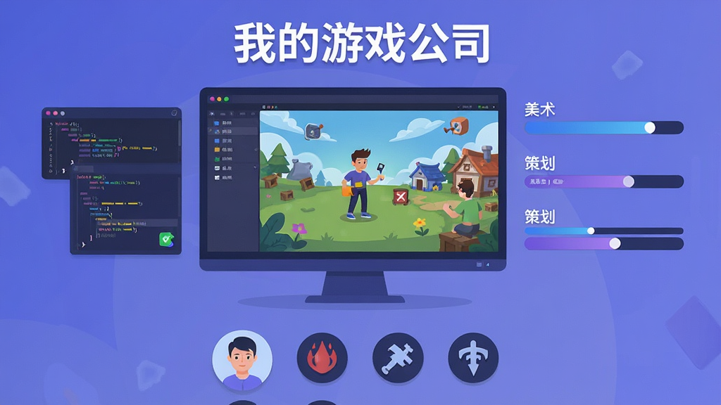我的游戏公司游戏研发界面截图风格插画,画面中有一块大屏幕显示正在开发的游戏项目,屏幕旁边有编程、美术、策划三个进度条,下方有员工头像和技能图标,屏幕上方显示“我的游戏公司”标题,整体采用扁平化设计风格,布局为纵向信息流,色调以蓝紫色为主,画质清晰干净,无多余元素