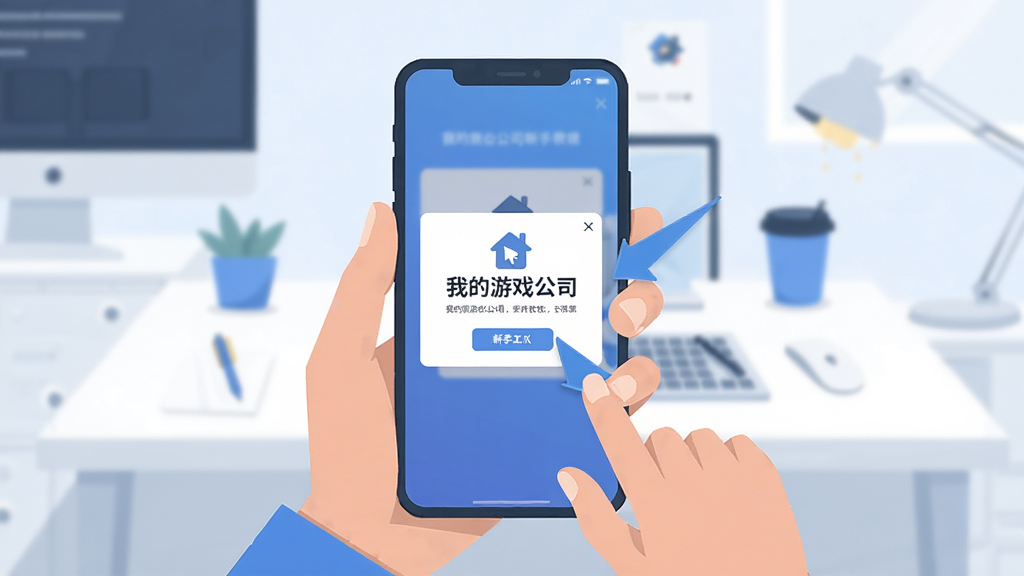 我的游戏公司新手引导界面截图风格插画,画面中有一只手拿着手机,手机屏幕上显示“我的游戏公司”新手教程弹窗,弹窗旁边有箭头指示点击位置,背景是简洁的办公桌,整体采用扁平化设计风格,布局为居中构图,色调以蓝色和白色为主,画质清晰干净,无多余元素