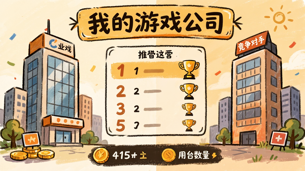 我的游戏公司市场运营界面手绘风格插画,画面左侧是公司大楼,右侧是竞争对手大楼,中间是排行榜和奖杯图标,底部有金币和用户数量显示,顶部有“我的游戏公司”字样,整体采用暖色调,布局为左右对比构图,画质清晰干净,无多余元素