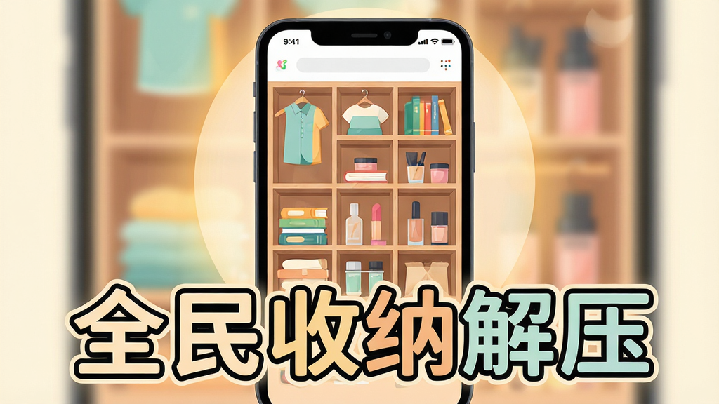 画面中央展示一部智能手机,屏幕里呈现整洁的收纳界面,各种衣物、书籍、化妆品被整齐摆放在格子柜中,周围环绕柔和的暖色调光晕,画面下方用醒目的艺术字体写着“全民收纳解压”,整体采用扁平化插画风格,细节丰富,色彩清新干净,画质高清,构图居中,无多余元素