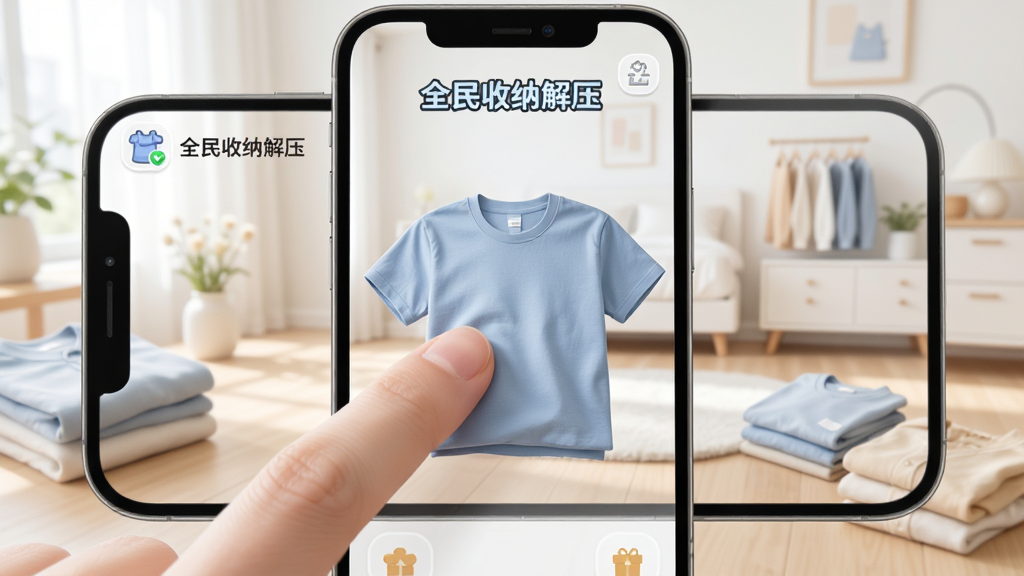 画面展示一只手指正在手机屏幕上拖动一件折叠好的T恤,手机屏幕里是“全民收纳解压”的游戏界面,背景是干净明亮的房间,旁边散落着待整理的物品,整体风格简约清新,色彩柔和,画质高清,构图聚焦于手指与屏幕的互动,无多余装饰