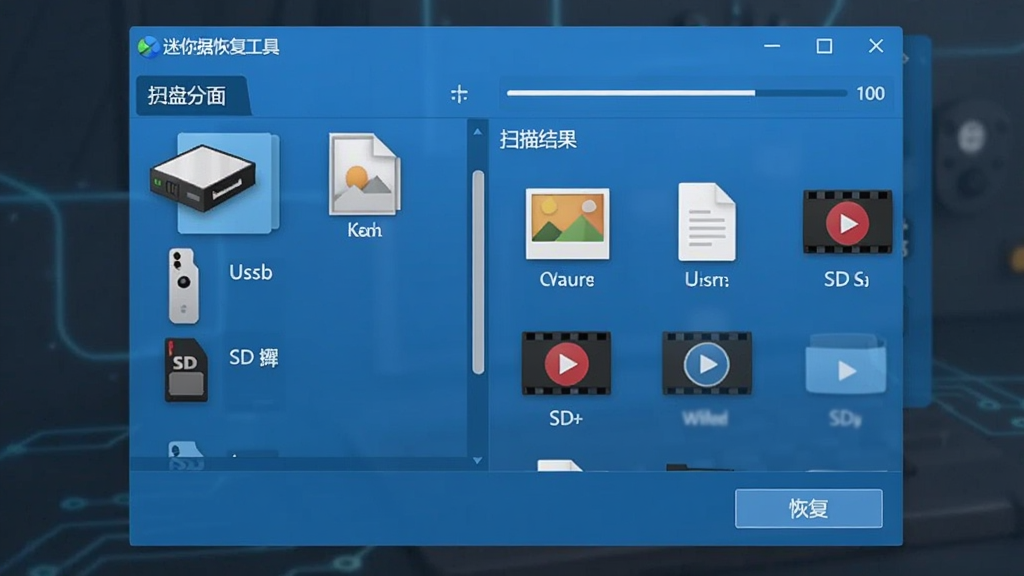 迷你兔数据恢复工具软件主界面全貌展示,画面中央是简洁的软件窗口,左侧显示硬盘分区、U盘、SD卡等存储设备列表,右侧为扫描结果预览区域,包含照片、文档、视频等文件图标,整体布局清晰,风格为现代简约科技蓝,细节包含扫描进度条与恢复按钮,画质清晰,干净,无多余元素