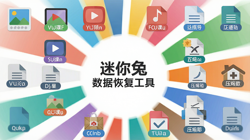 迷你兔数据恢复工具文件格式兼容展示图,画面中央是软件名称“迷你兔数据恢复工具”,四周环绕多种文件格式图标,包括图片、视频、音频、文档、压缩包等,图标色彩鲜明,布局呈放射状,风格为现代扁平化,细节包含格式缩写标签,画质清晰,干净,无多余元素