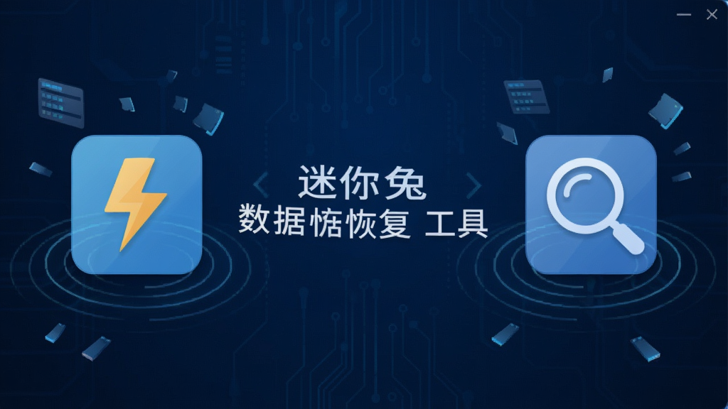 迷你兔数据恢复工具双模扫描引擎概念图,画面左侧是快速扫描图标与闪电符号,右侧是深度扫描图标与放大镜符号,中间用软件名称“迷你兔数据恢复工具”连接,背景为深蓝色科技纹理,布局左右对称,风格扁平化,细节包含扫描波纹与数据碎片元素,画质清晰,干净,无多余元素