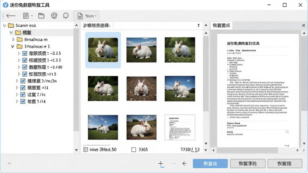 迷你兔数据恢复工具文件预览与选择性恢复界面,画面显示软件窗口内扫描结果列表,左侧为文件树形目录,右侧为图片缩略图与文档预览窗格,底部有恢复按钮,界面风格清爽浅色,细节包含勾选框与文件大小信息,画质清晰,干净,无多余元素