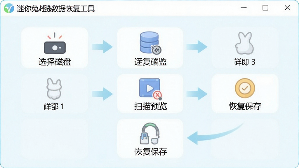 迷你兔数据恢复工具新手操作流程图,画面以步骤形式展示从选择磁盘到扫描预览再到恢复保存的完整流程,每一步配有简洁图标与文字说明,布局纵向排列,风格清新浅色,细节包含箭头引导与软件名称“迷你兔数据恢复工具”,画质清晰,干净,无多余元素