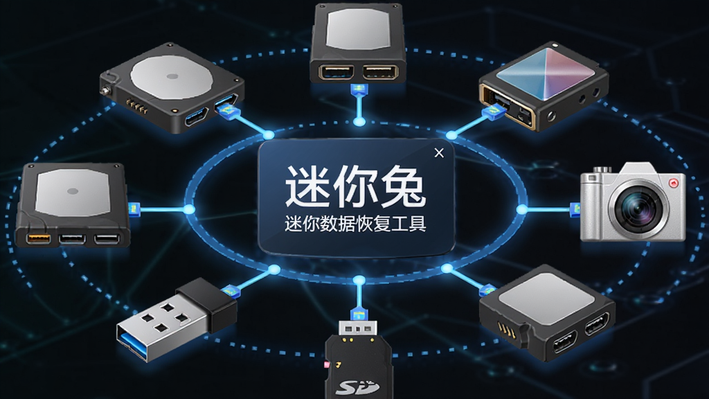 迷你兔数据恢复工具多设备适配示意图,画面中央是软件名称“迷你兔数据恢复工具”,周围连接硬盘、U盘、SD卡、数码相机等设备图标,用线条表示数据连接,布局环形排列,风格科技感,细节包含设备接口标识,画质清晰,干净,无多余元素