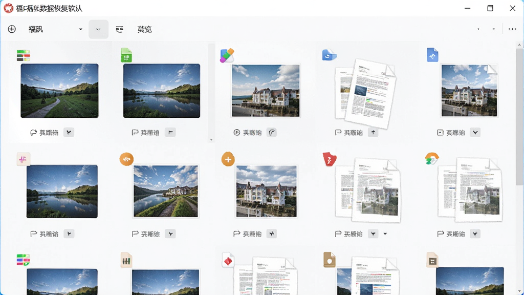 福昕数据恢复软件的文件预览界面,主体为图片和文档缩略图排列,布局为网格状,排版整齐,风格为清爽浅色,细节包含文件类型图标和预览小图,画质高清,干净,无多余元素