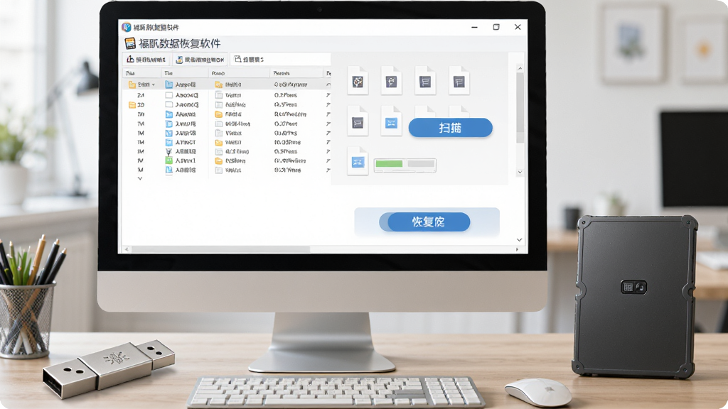 福昕数据恢复软件使用场景示意图,主体为电脑屏幕显示扫描结果,旁边有U盘和移动硬盘,布局为桌面环境,排版自然,风格为写实办公,细节包含文件列表和恢复按钮,画质高清,干净,无多余元素
