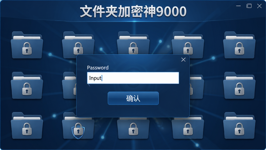一张展示文件夹加密神9000密码管理界面的图片,画面中央是一个密码输入框和确认按钮,周围环绕着多个带锁的文件夹图标,界面顶部有“文件夹加密神9000”字样,整体风格稳重安全,深蓝色调为主,细节精致,画质高清,干净,无多余元素