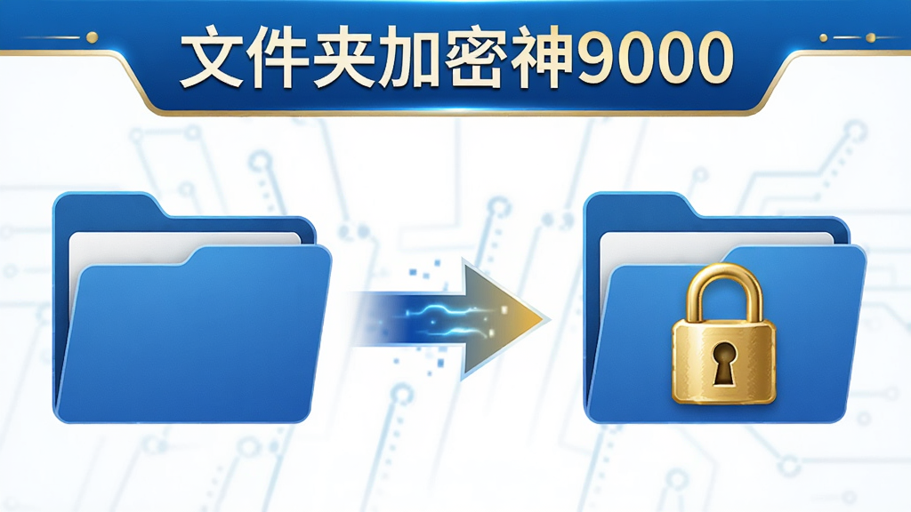 一张展示文件夹加密神9000加密过程的示意图,画面左侧是一个普通文件夹图标,右侧是一个带有金色锁头标志的加密文件夹,中间有箭头指向加密方向,画面中央上方有“文件夹加密神9000”文字标识,整体风格简洁科技感,蓝色与金色搭配,画质高清,干净,无多余元素