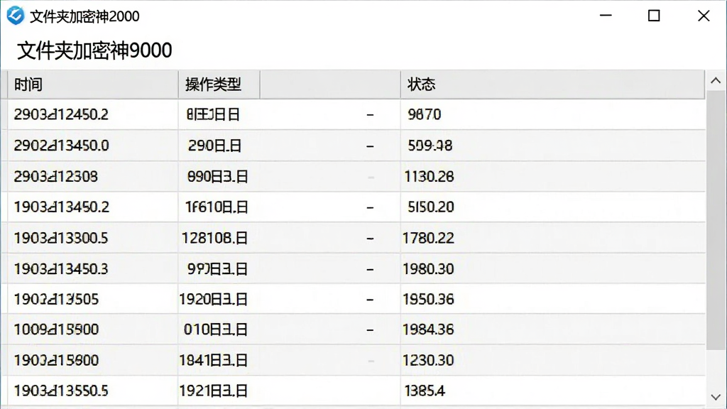 一张展示文件夹加密神9000操作日志界面的图片,画面中是一个表格形式的日志列表,显示时间、操作类型和状态等信息,界面顶部有“文件夹加密神9000”标题,整体风格简约商务,白色背景配浅灰表格线,画质高清,干净,无多余元素