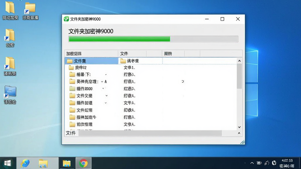 一张展示文件夹加密神9000在Windows电脑上运行时的界面截图风格图片,画面中软件窗口显示加密进度条和文件夹列表,窗口标题有“文件夹加密神9000”字样,桌面背景简洁,整体风格真实自然,画质高清,干净,无多余元素