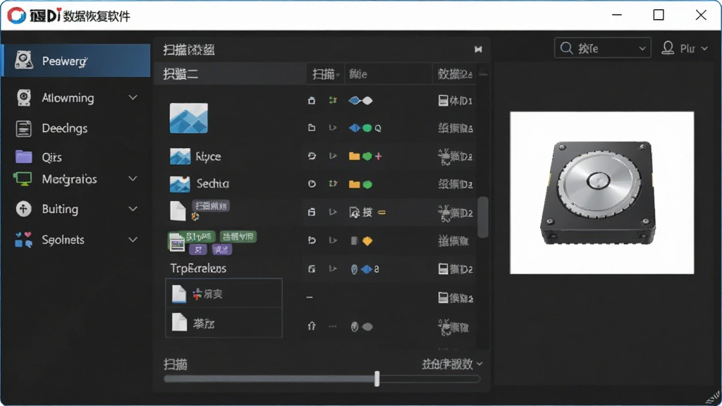 得力数据恢复软件主界面展示,主体为软件窗口布局,左侧功能导航栏,右侧文件列表与预览区域,排版清晰整洁,风格为现代简约科技风,细节包含硬盘图标、扫描进度条、文件类型分类标签,画质高清干净无多余元素