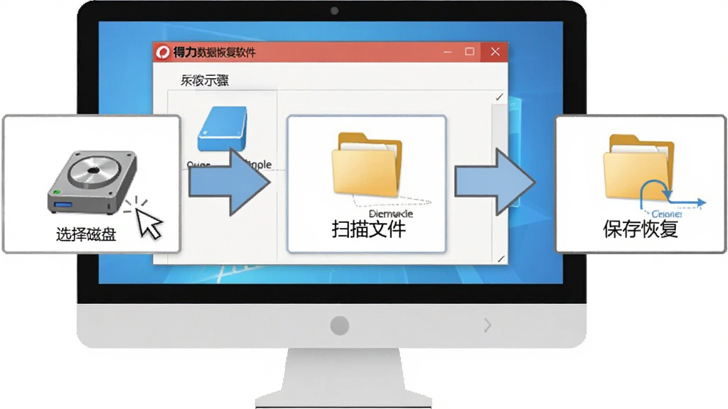得力数据恢复软件操作步骤示意图,主体为电脑屏幕显示软件向导界面,布局为三步流程箭头指示,排版从左到右依次为选择磁盘、扫描文件、保存恢复,风格为简洁教程插图,细节包含鼠标指针、磁盘图标、文件夹图标,画质清晰干净无多余元素