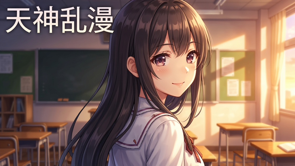 一张日系动漫风格的游戏CG画面,展示一位长发女主角在夕阳下的教室中微笑回眸,画面中有“天神乱漫”字样,风格为恋爱冒险游戏CG,细节丰富,画质高清,干净无多余元素