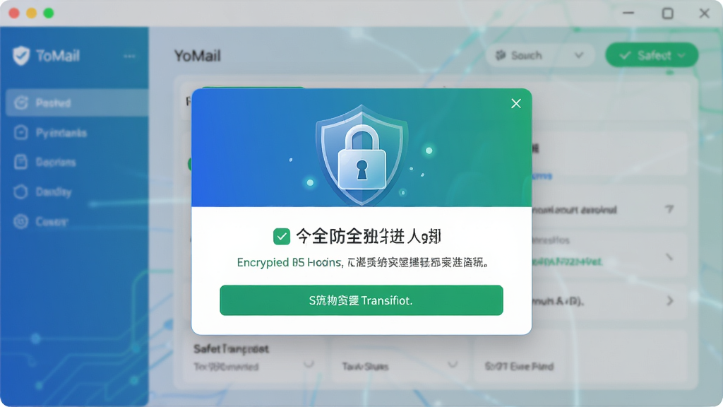 YoMail 安全防护功能示意图,主体为软件界面中显示加密锁图标与安全状态提示的弹窗,布局居中突出,排版简洁,风格为现代安全科技风,细节包含盾牌图标、绿色安全标识与加密传输文字说明,色调以蓝绿白为主,画面干净无干扰元素,高清画质