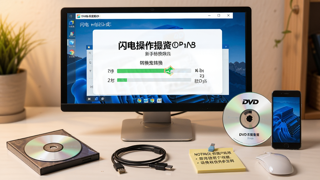 一张闪电VOB格式转换器新手操作场景的示意图,主体是电脑屏幕上软件界面与旁边放置的DVD光盘和手机,布局为桌面环境实拍风格,排版突出软件操作提示和转换进度,风格为温馨实用风,细节包括光盘盒、数据线、便签纸上的注意事项,画质高清,画面干净,无多余元素。