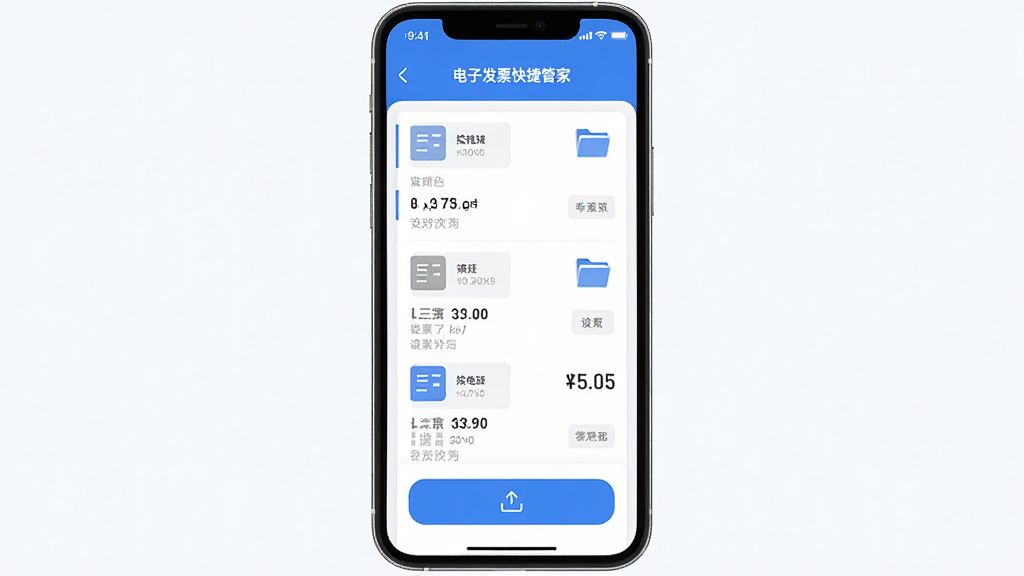 主体为一部智能手机屏幕显示电子发票快捷管家应用主界面,布局采用居中构图,屏幕中展示发票列表与功能按钮,排版简洁清晰,风格为现代扁平化科技风,细节包含发票图标、文件夹标签、上传按钮等元素,画质高清干净无多余元素,整体色调以蓝白为主