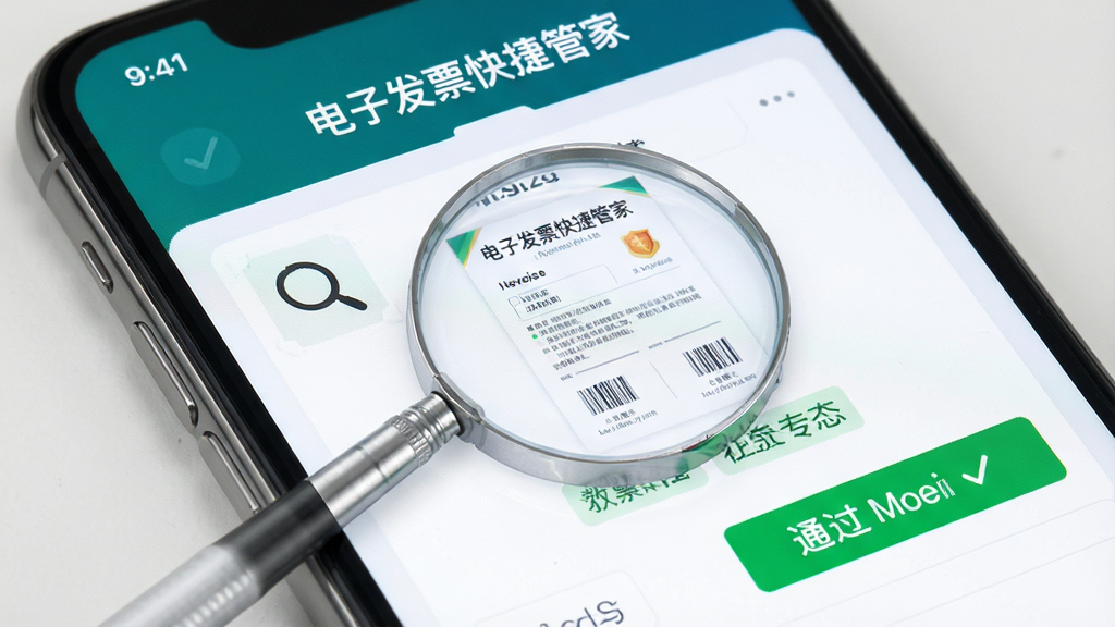 主体为电子发票快捷管家发票查验功能界面特写,布局以手机屏幕为中心,屏幕内显示查验结果页面与绿色通过标识,排版为居中特写,风格为写实UI风格,细节包含放大镜图标、发票缩略图、状态标签等元素,画质高清干净无多余元素,屏幕内文字显示“电子发票快捷管家”
