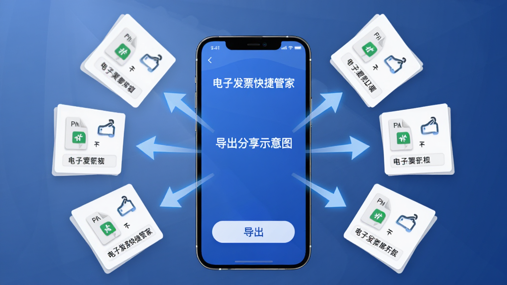 主体为电子发票快捷管家导出分享功能示意图,布局为手机界面中多个发票文件通过箭头向外发送,排版为放射状发散构图,风格为现代简约科技风,细节包含分享图标、文件格式标签、导出按钮等元素,画质高清干净无多余元素,画面中标注文字“电子发票快捷管家”