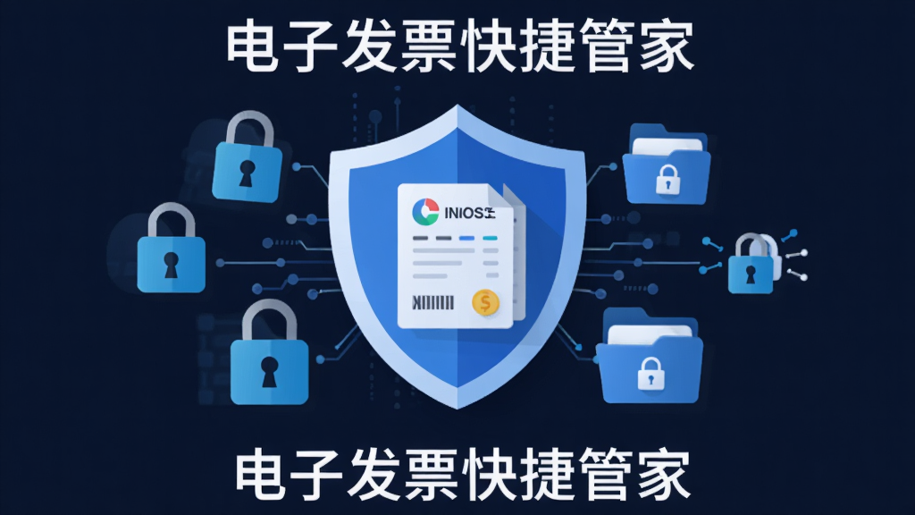主体为电子发票快捷管家数据安全存储概念图,布局为盾牌图标位于中央保护着发票文件图标,排版采用中心对称构图,风格为扁平化安全主题插画,细节包含锁形图案、加密纹路、文件夹图标等,画质清晰干净无多余元素,画面中标注文字“电子发票快捷管家”