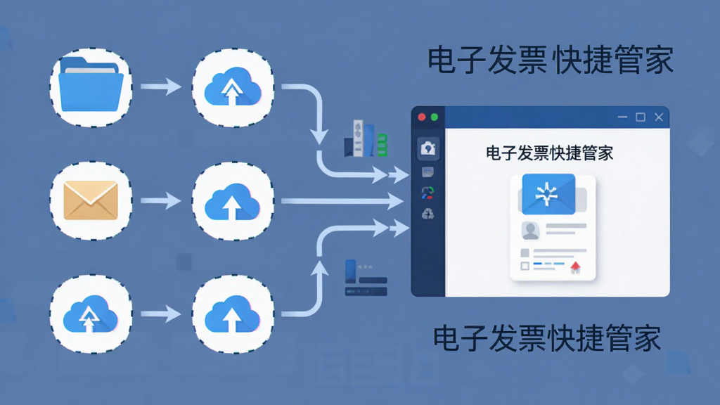 主体为电子发票快捷管家软件界面中发票自动归集过程的示意图,布局为左侧显示多个来源图标指向右侧的软件图标,排版呈流程式横向排列,风格为简约商务插画风,细节包含文件夹、邮件、云盘等小图标以及数据流动的箭头线条,画质清晰干净无多余元素,画面中标注文字“电子发票快捷管家”