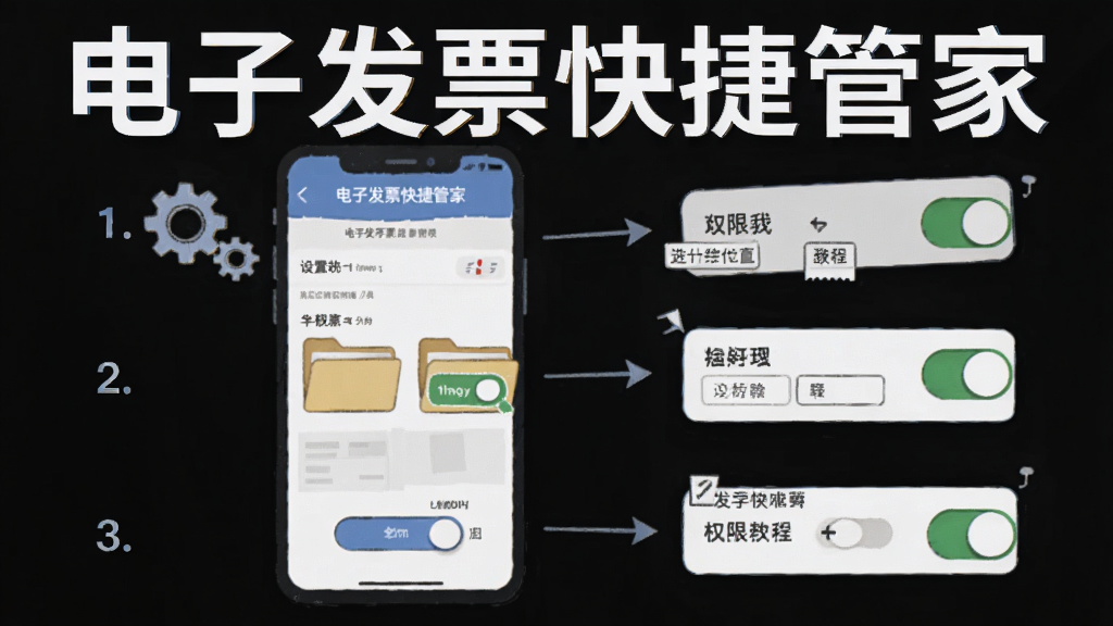 主体为电子发票快捷管家使用教程示意图,布局为手机屏幕展示设置界面与权限开关,排版为纵向分步展示,风格为扁平化教程插画,细节包含齿轮图标、开关按钮、文件夹路径选择框等元素,画质清晰干净无多余元素,画面中标注文字“电子发票快捷管家”